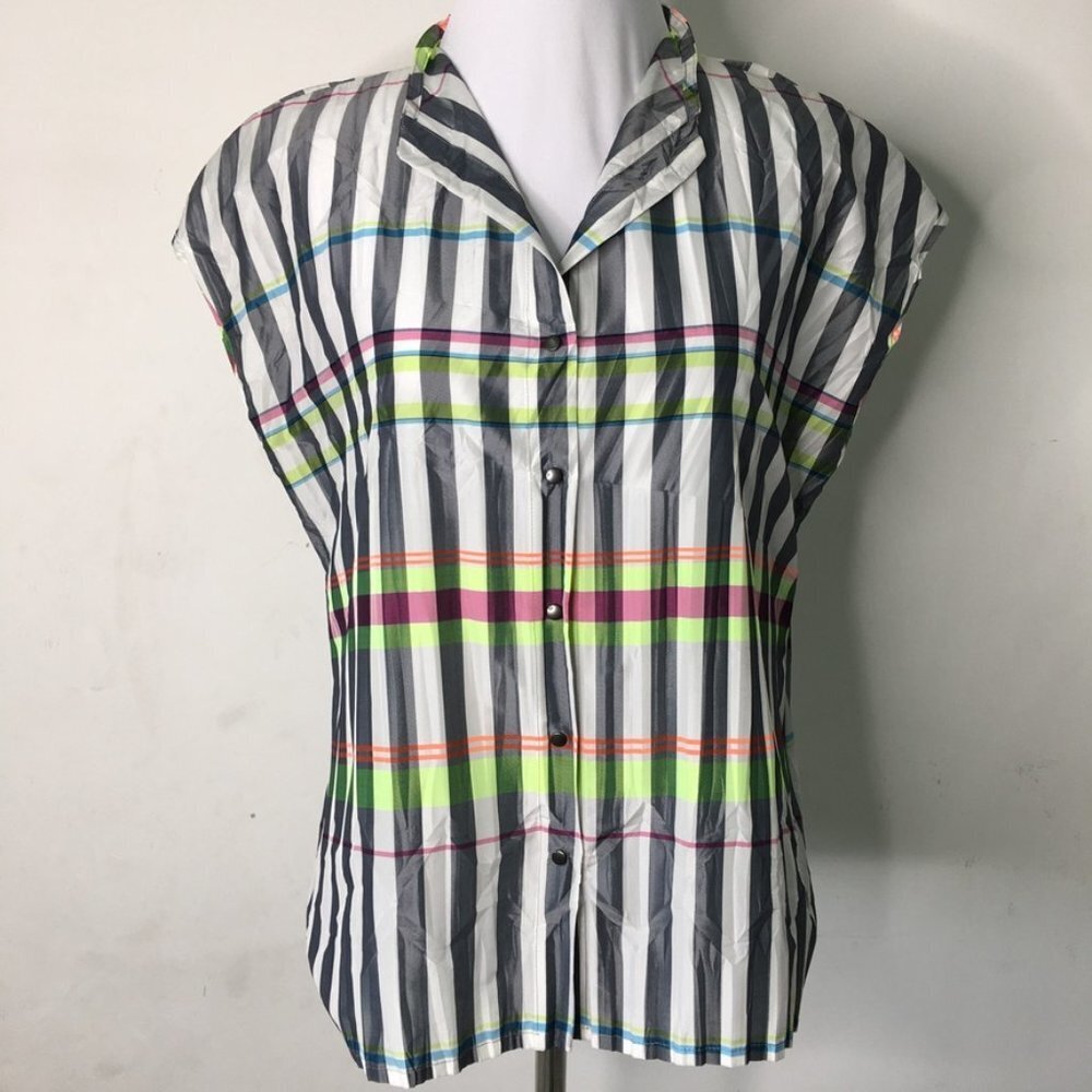 Babette Women's Striped Black White Neon Short Sleeve Snap Button Front Shirt XS
